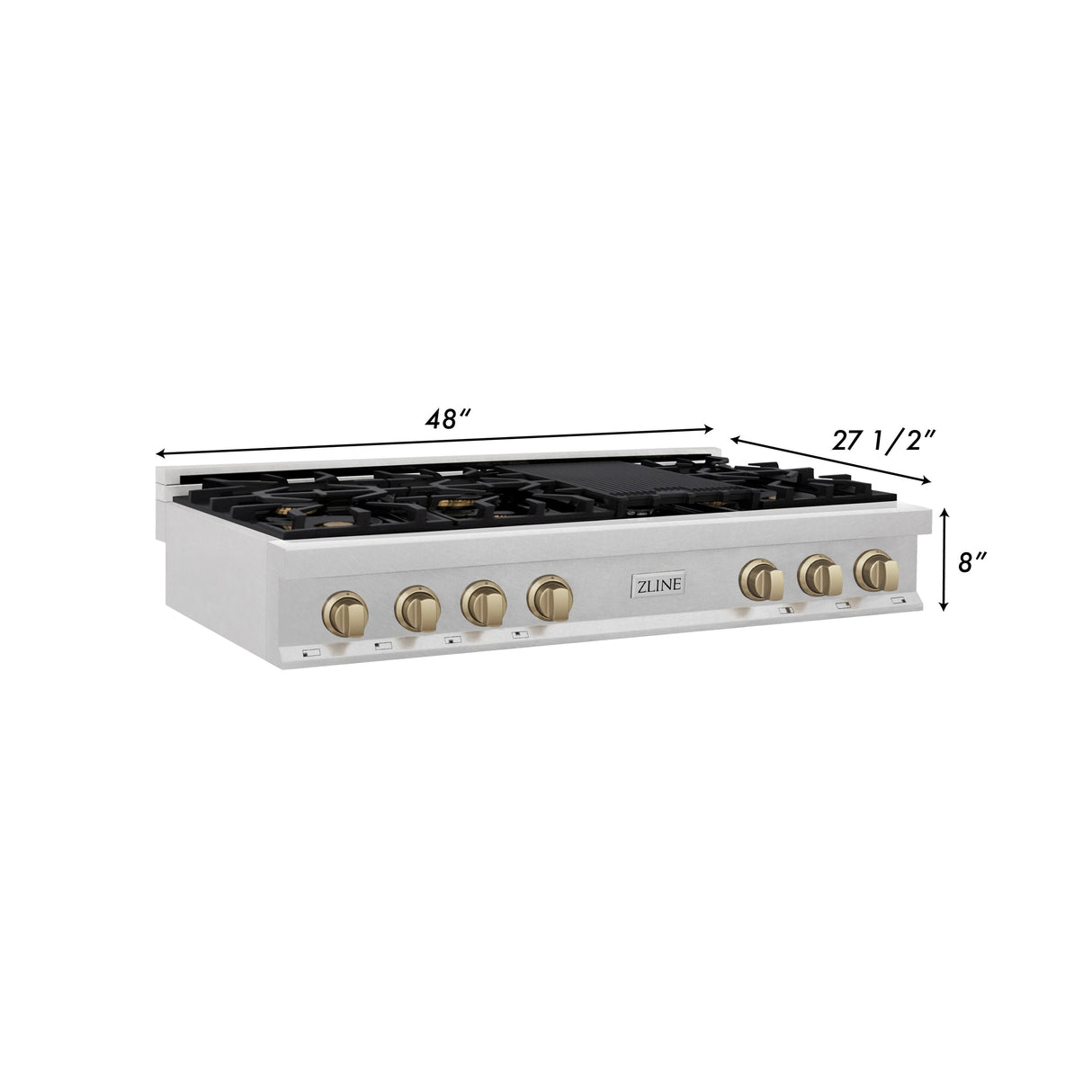 ZLINE Autograph Edition 48 in. Porcelain Rangetop with 7 Gas Burners in DuraSnow® Stainless Steel and Champagne Bronze Accents (RTSZ-48-CB)