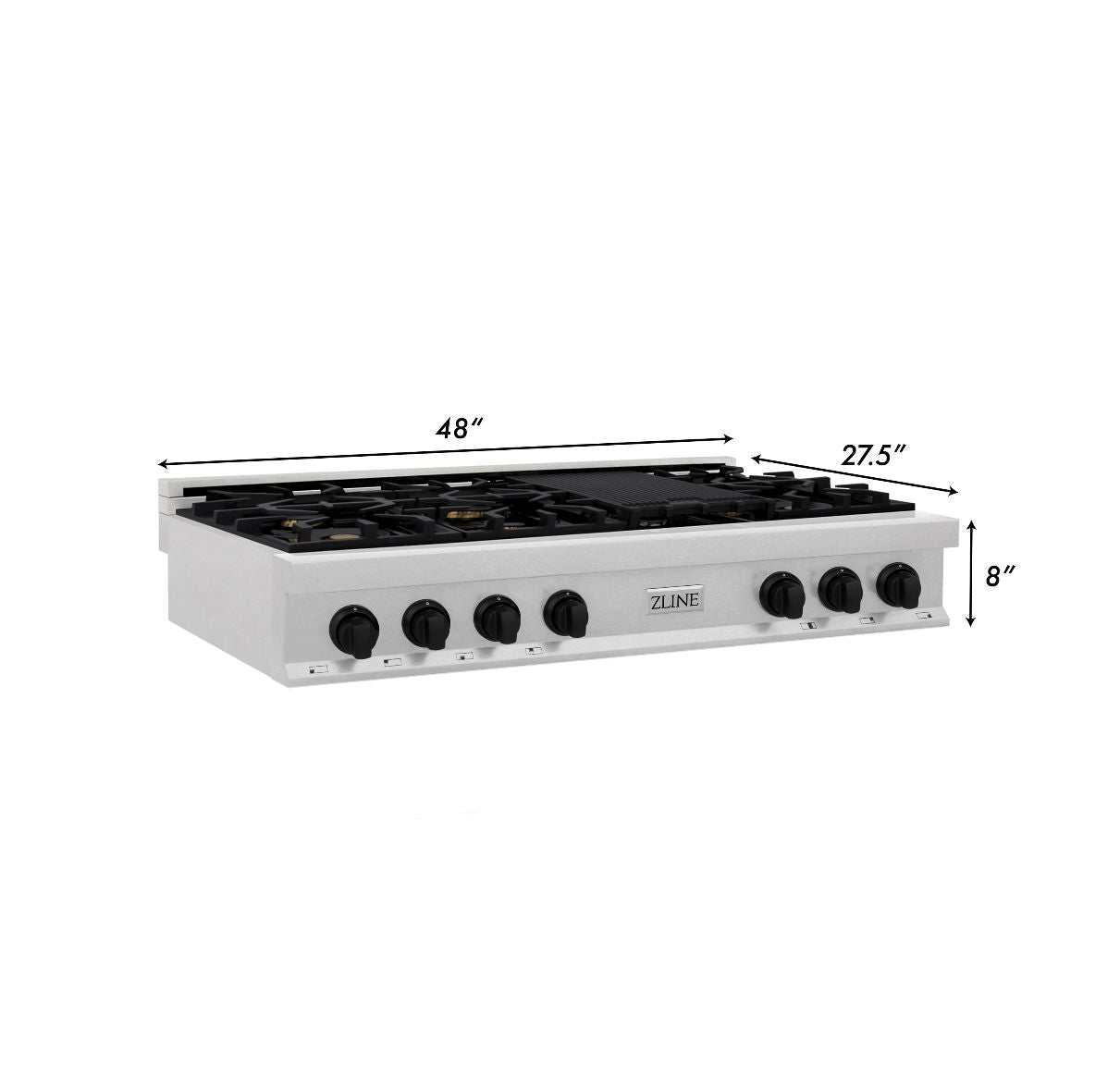 ZLINE Autograph Edition 48 in. Porcelain Rangetop with 7 Gas Burners in DuraSnow® Stainless Steel and Matte Black Accents (RTSZ-48-MB)