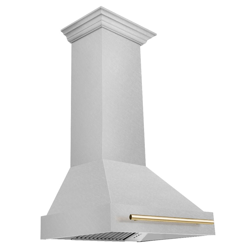 ZLINE Autograph Edition Fingerprint Resistant Satin Stainless Steel Range Hood with Fingerprint Resistant Satin Stainless Steel Shell and Gold Handle (8654SNZ-G) 30 Inch
