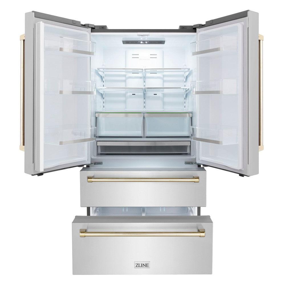 ZLINE Autograph Edition 36 in. Kitchen Package with Stainless Steel Dual Fuel Range, Range Hood, Dishwasher and Refrigerator with Polished Gold Accents (4KAPR-RARHDWM36-G)