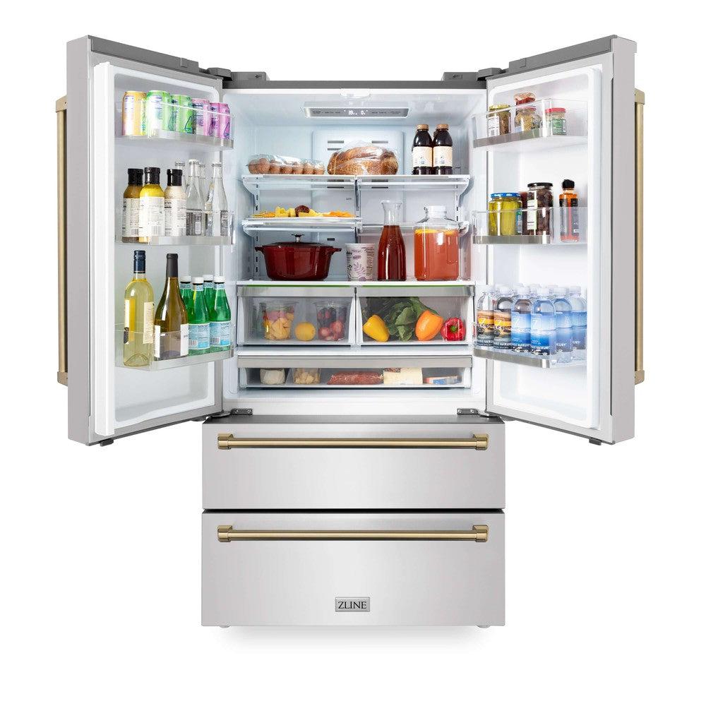 ZLINE Autograph Edition 30 in. Kitchen Package with Stainless Steel Dual Fuel Range, Range Hood, Dishwasher and Refrigerator with Champagne Bronze Accents (4KAPR-RARHDWM30-CB)