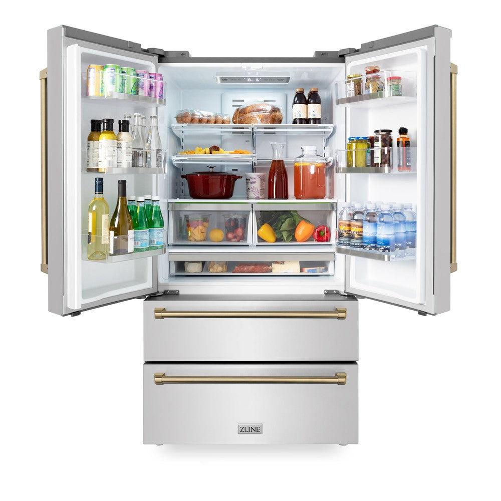 ZLINE Autograph Edition 36 in. Kitchen Package with Stainless Steel Dual Fuel Range, Range Hood, Dishwasher and Refrigerator with Champagne Bronze Accents (4KAPR-RARHDWM36-CB)