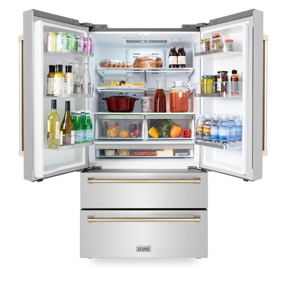 ZLINE Autograph Edition 36 in. Kitchen Package with Stainless Steel Dual Fuel Range, Range Hood, Dishwasher and Refrigerator with Polished Gold Accents (4KAPR-RARHDWM36-G)