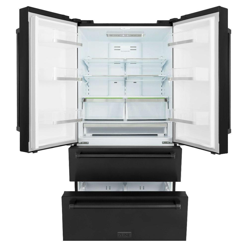 ZLINE Kitchen Package with Black Stainless Steel Refrigerator, 30 in. Dual Fuel Range, 30 in. Range Hood, Microwave Drawer, and 24 in. Tall Tub Dishwasher (5KPR-RABRH-MWDWV)
