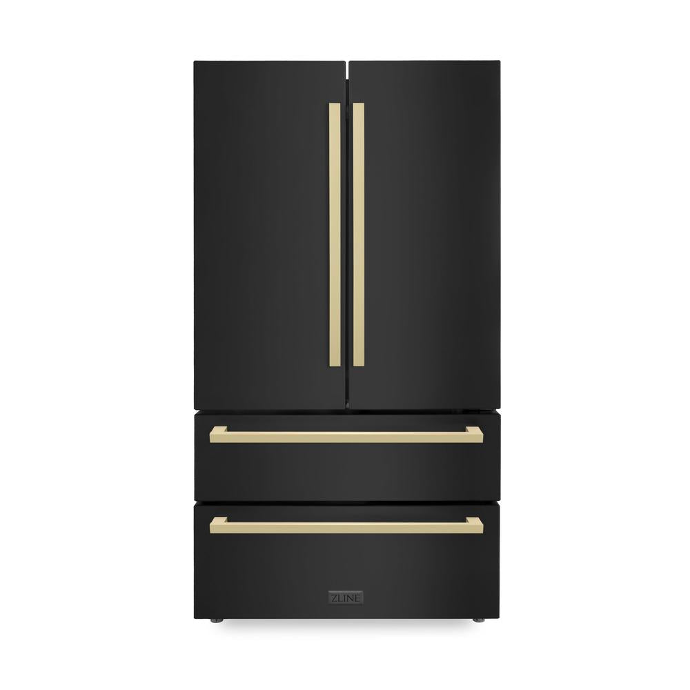 ZLINE Autograph Edition 36 in. 22.5 cu. ft. Counter-Depth French Door Refrigerator with Ice Maker in Fingerprint-Resistant Black Stainless Steel and Champagne Bronze Modern Handles (RFMZ-36-BS-FCB)