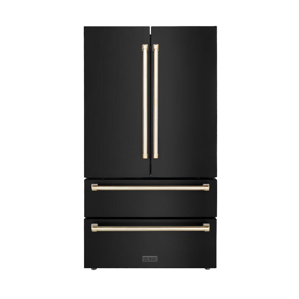 ZLINE Autograph Edition 36 in. 22.5 cu. ft. Counter-Depth French Door Refrigerator with Ice Maker in Fingerprint-Resistant Black Stainless Steel with Polished Gold Traditional Handles (RFMZ-36-BS-G) front, closed.