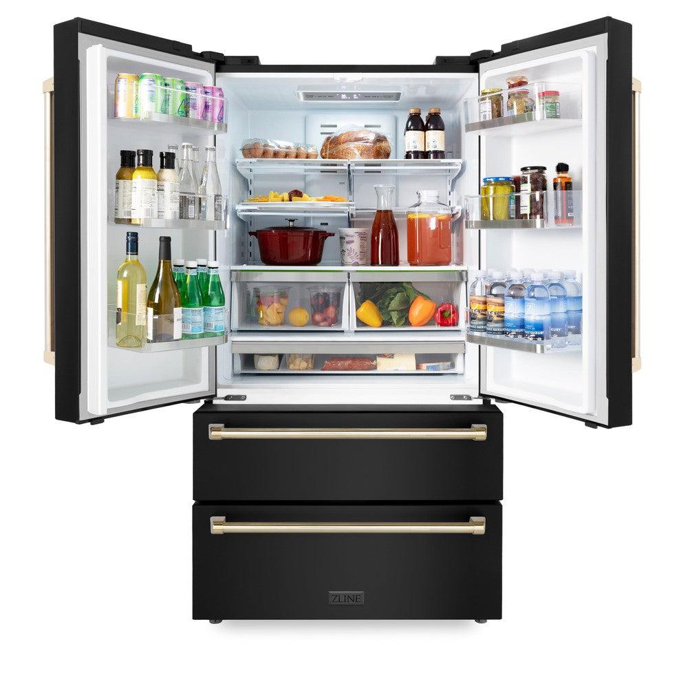 ZLINE Autograph Edition 36 in. 22.5 cu. ft. Counter-Depth French Door Refrigerator with Ice Maker in Fingerprint-Resistant Black Stainless Steel with Polished Gold Traditional Handles (RFMZ-36-BS-G)
