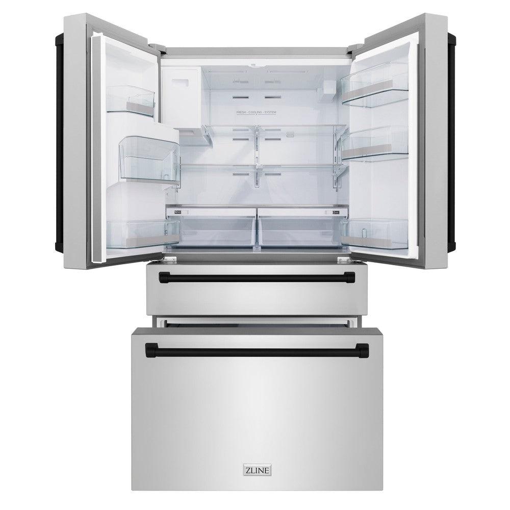 ZLINE 48 in. Autograph Edition Kitchen Package with Stainless Steel Dual Fuel Range, Range Hood, Dishwasher and Refrigeration Including External Water Dispenser with Matte Black Accents (4AKPR-RARHDWM48-MB)