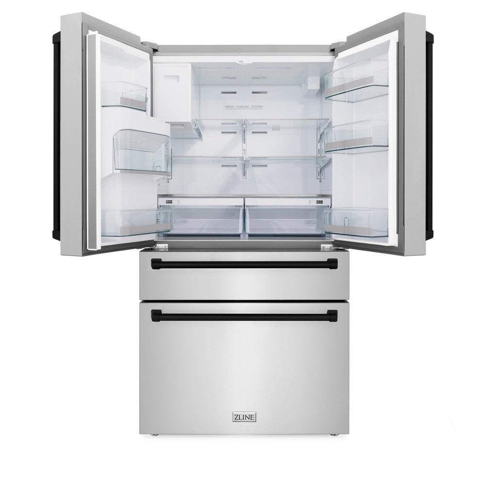 ZLINE Autograph Edition 36 in. Kitchen Package with Stainless Steel Dual Fuel Range, Range Hood, Dishwasher and Refrigerator Including External Water Dispenser with Matte Black Accents (4AKPR-RARHDWM36-MB)