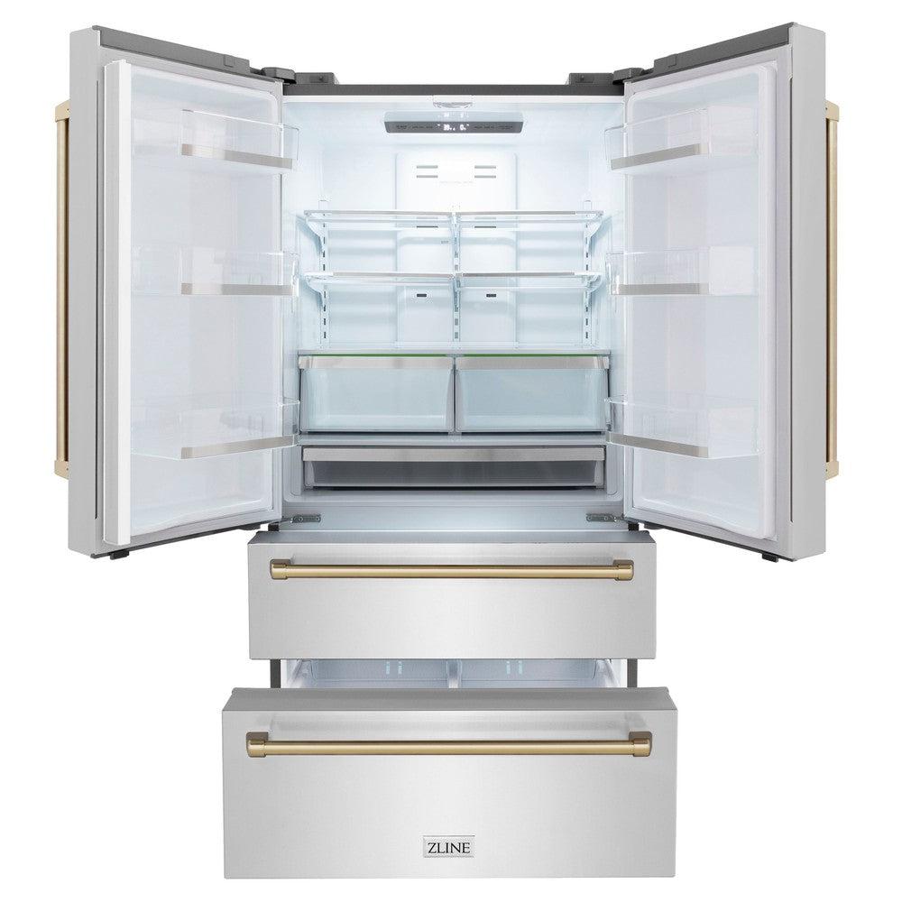 ZLINE Autograph Edition 36 in. Kitchen Package with Stainless Steel Dual Fuel Range, Range Hood, Dishwasher and Refrigerator with Champagne Bronze Accents (4KAPR-RARHDWM36-CB)