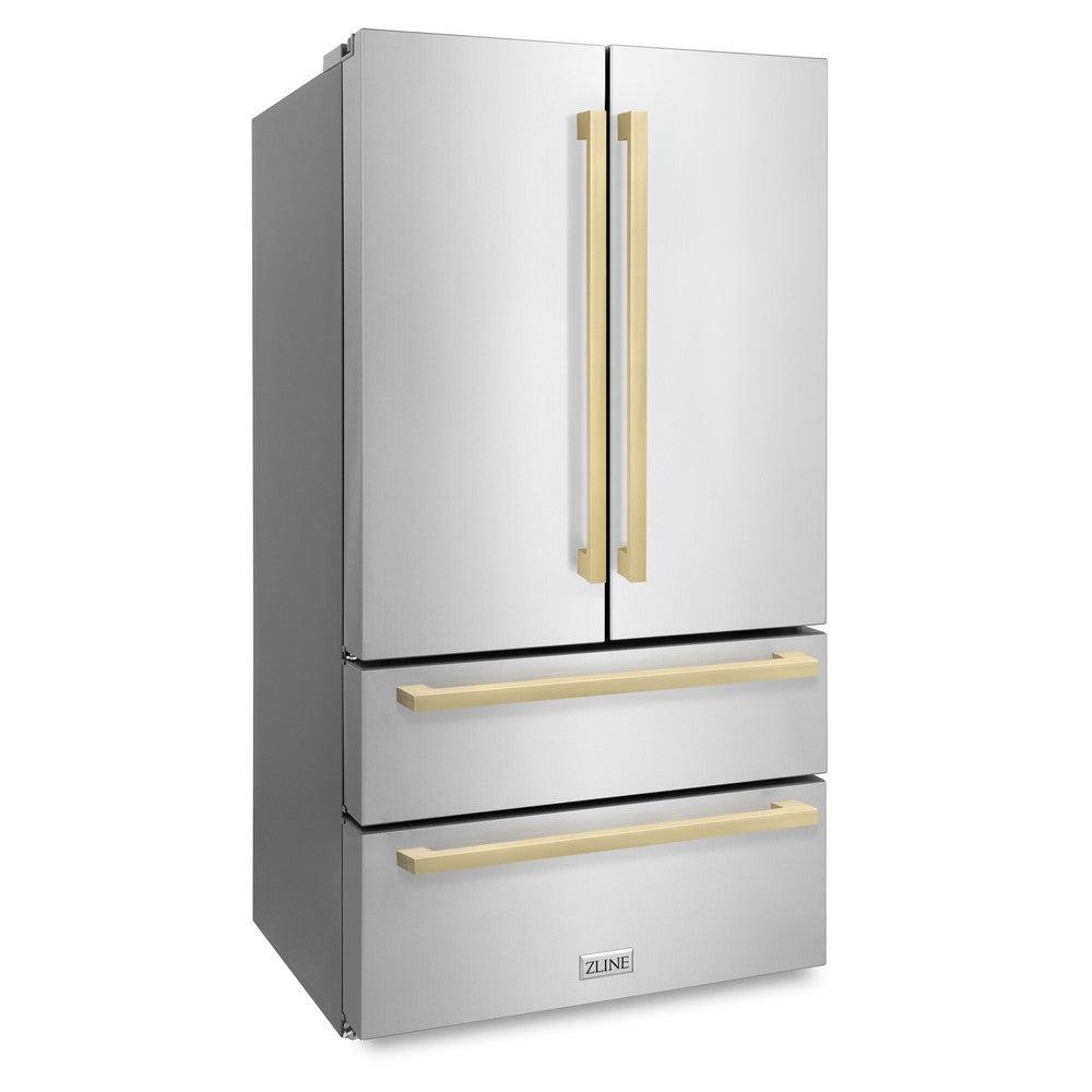 ZLINE Autograph Edition 36 in. 22.5 cu. ft. Counter-Depth French Door Refrigerator with Ice Maker in Fingerprint-Resistant Stainless Steel with Champagne Bronze Modern Handles (RFMZ-36-FCB)