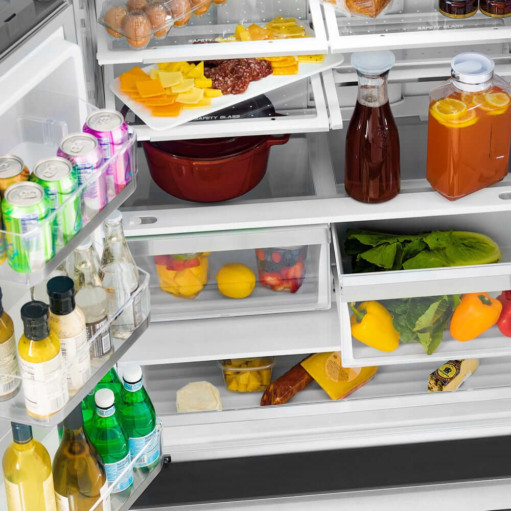 ZLINE Autograph Edition 36 in. 22.5 cu. ft. Counter-Depth French Door Refrigerator with Ice Maker in Fingerprint-Resistant Stainless Steel with Polished Gold Traditional Handles (RFMZ-36-G)