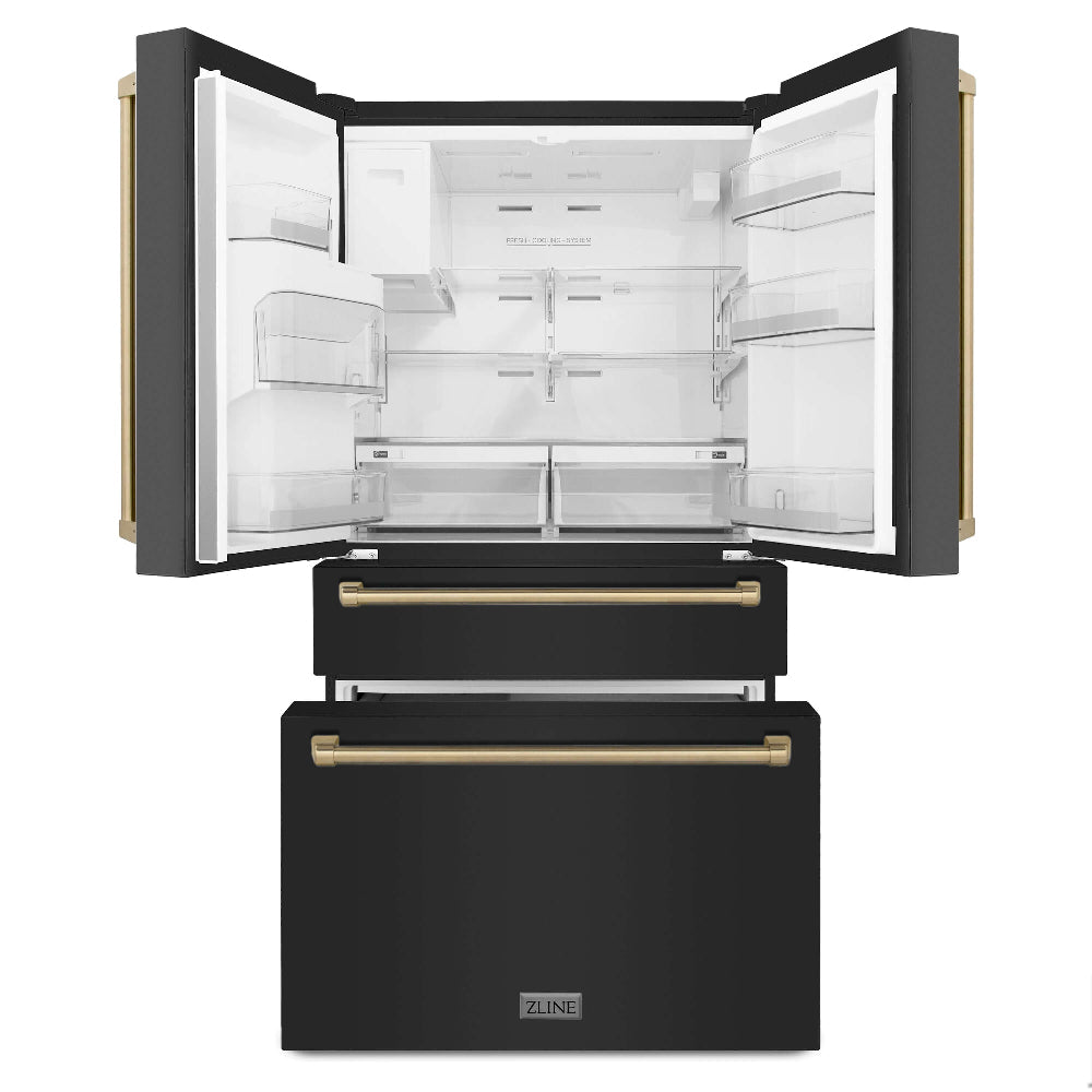 ZLINE Autograph Edition 36 in. 21.6 cu. ft Counter-Depth French Door Refrigerator with Water and Ice Dispenser in Fingerprint-Resistant Black Stainless Steel with Champagne Bronze Traditional Handles (RFMZ-W-36-BS-CB)