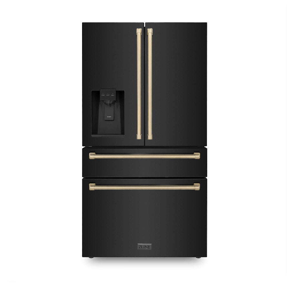 ZLINE Autograph Edition 36 in. 21.6 cu. ft Counter-Depth French Door Refrigerator with Water and Ice Dispenser in Fingerprint-Resistant Black Stainless Steel with Champagne Bronze Traditional Handles (RFMZ-W-36-BS-CB) front, closed.