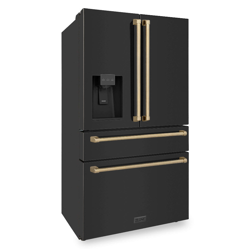 ZLINE Autograph Edition 36 in. 21.6 cu. ft Counter-Depth French Door Refrigerator with Water and Ice Dispenser in Fingerprint-Resistant Black Stainless Steel with Champagne Bronze Traditional Handles (RFMZ-W-36-BS-CB)