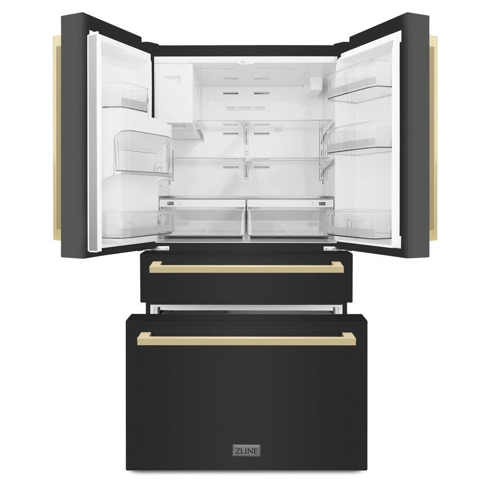 ZLINE Autograph Edition 36 in. 21.6 cu. ft. Counter-Depth French Door Refrigerator with Water and Ice Dispenser in Fingerprint-Resistant Black Stainless Steel with Champagne Bronze Modern Handles (RFMZ-W36-BS-FCB)