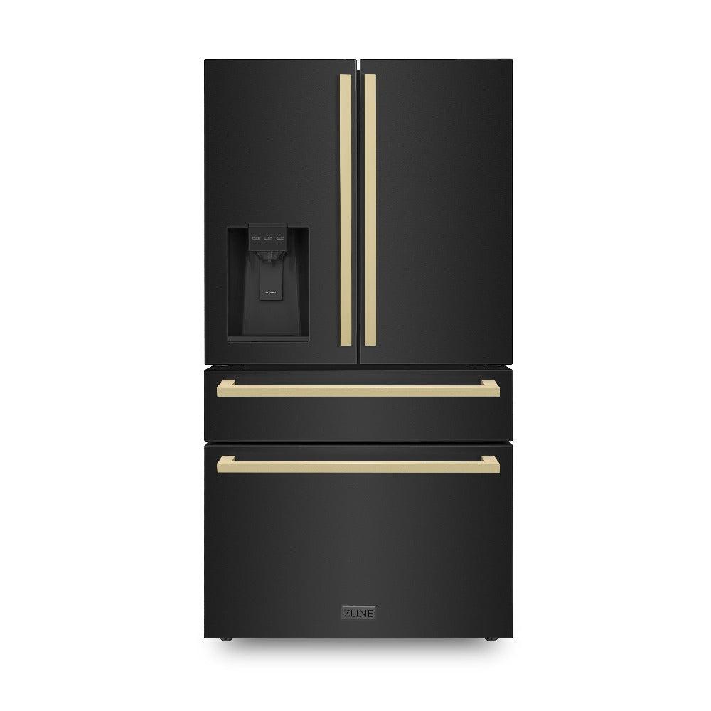 ZLINE Autograph Edition 36 in. 21.6 cu. ft. Counter-Depth French Door Refrigerator with Water and Ice Dispenser in Fingerprint-Resistant Black Stainless Steel with Champagne Bronze Modern Handles (RFMZ-W36-BS-FCB)