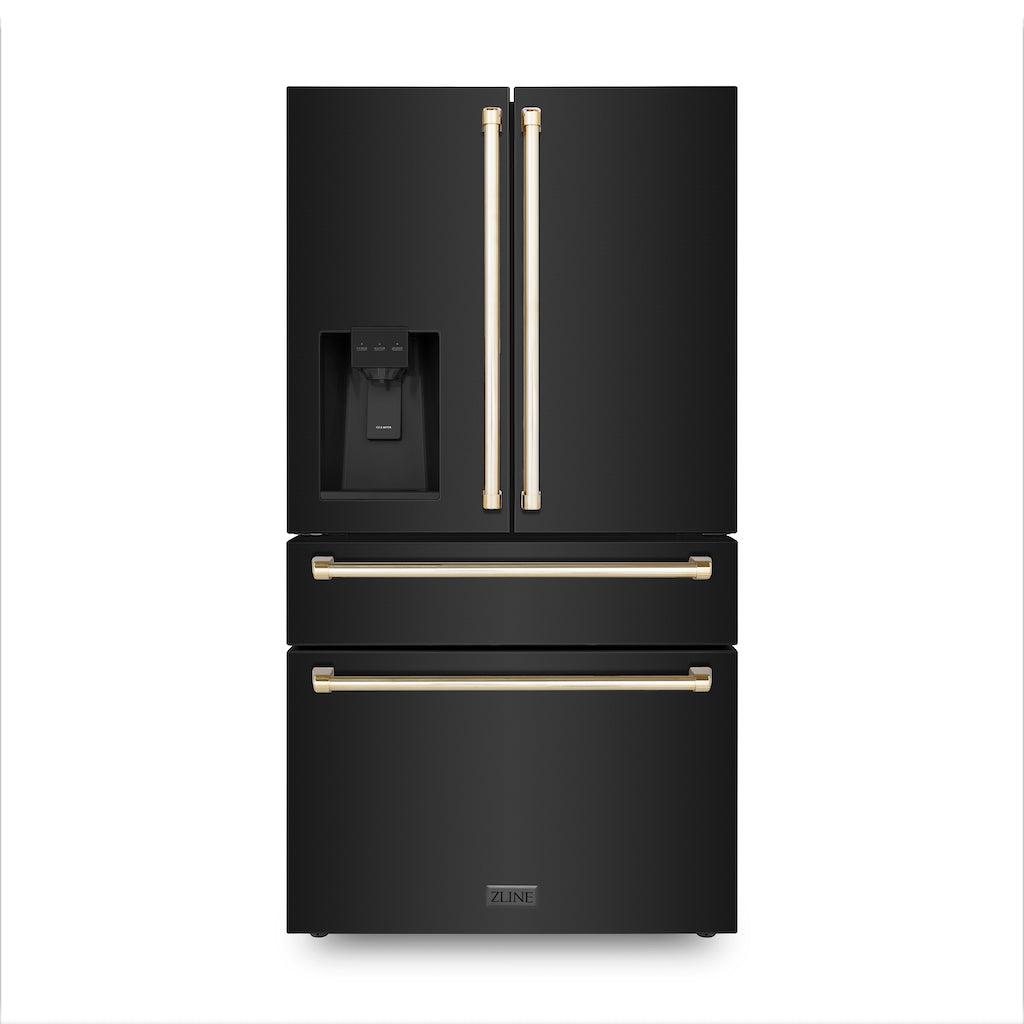 ZLINE Autograph Edition 36 in. 21.6 cu. ft. Counter-Depth French Door Refrigerator with Water and Ice Dispenser in Fingerprint-Resistant Black Stainless Steel with Polished Gold Traditional Handles (RFMZ-W-36-BS-G)