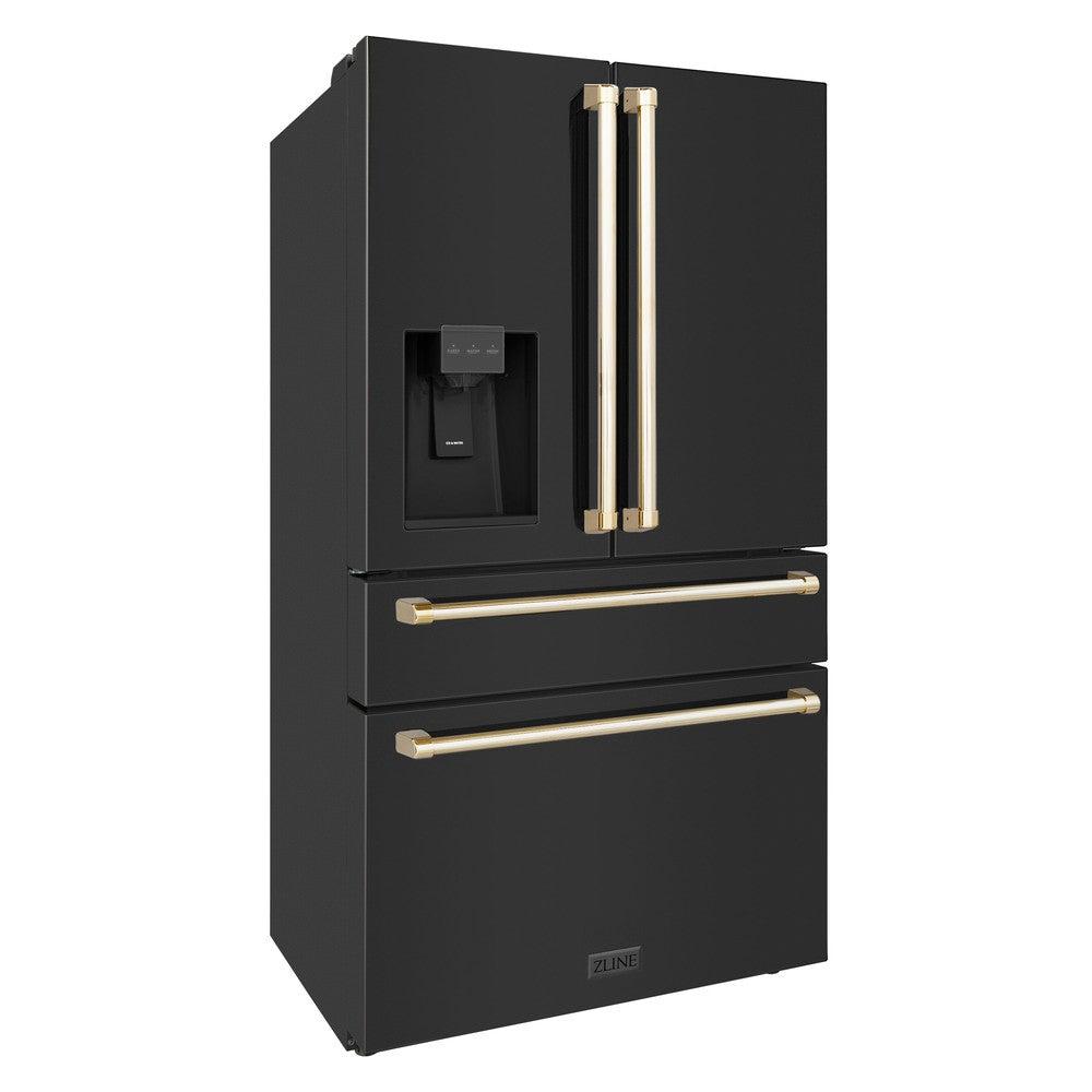 ZLINE Autograph Edition 36 in. 21.6 cu. ft. Counter-Depth French Door Refrigerator with Water and Ice Dispenser in Fingerprint-Resistant Black Stainless Steel with Polished Gold Traditional Handles (RFMZ-W-36-BS-G)
