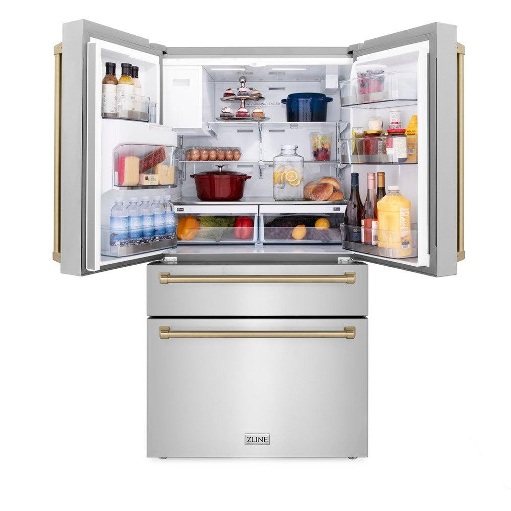 ZLINE 36 in. Autograph Edition Kitchen Package with Stainless Steel Dual Fuel Range, Range Hood, Dishwasher and Refrigeration Including External Water Dispenser with Champagne Bronze Accents (4AKPR-RARHDWM36-CB)
