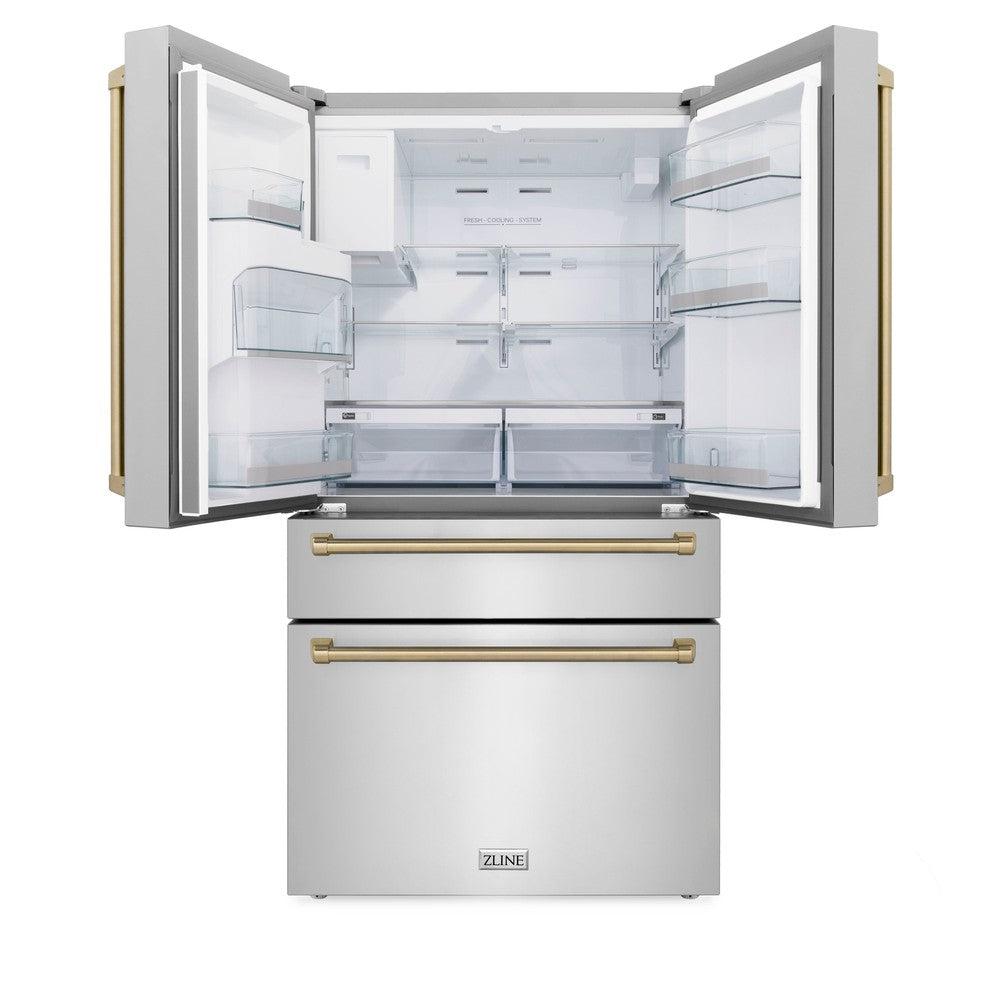 ZLINE 36 in. Autograph Edition Kitchen Package with Stainless Steel Dual Fuel Range, Range Hood, Dishwasher and Refrigeration Including External Water Dispenser with Champagne Bronze Accents (4AKPR-RARHDWM36-CB)