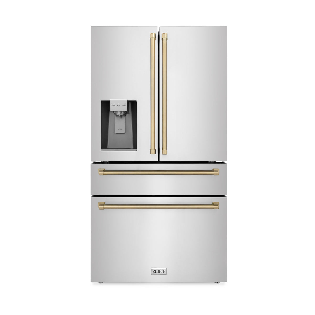 ZLINE 36 in. Autograph Edition Kitchen Package with Stainless Steel Dual Fuel Range, Range Hood, Dishwasher and Refrigeration Including External Water Dispenser with Champagne Bronze Accents (4AKPR-RARHDWM36-CB)