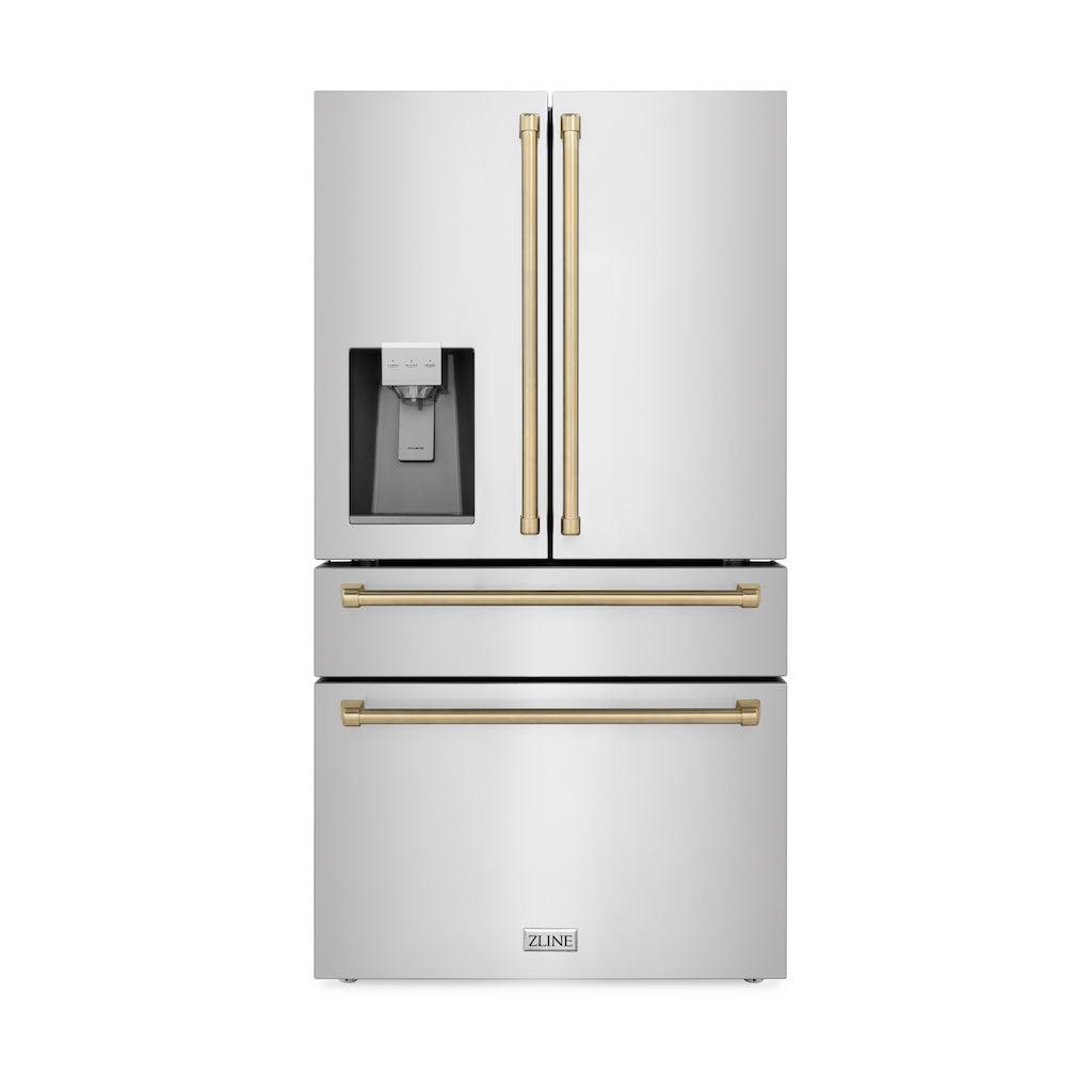 ZLINE Autograph Edition 36 in. 21.6 cu. ft. Counter-Depth French Door Refrigerator with Water and Ice Dispenser in Fingerprint-Resistant Stainless Steel with Champagne Bronze Traditional Handles (RFMZ-W-36-CB)