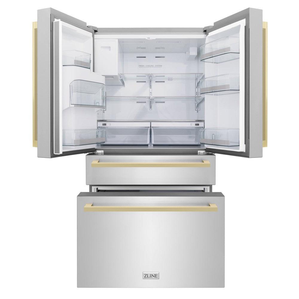 ZLINE Autograph Edition 36 in. 21.6 cu. ft 4-Door French Door Refrigerator with Water and Ice Dispenser in Stainless Steel with Champagne Bronze Square Handles (RFMZ-W-36-FCB)