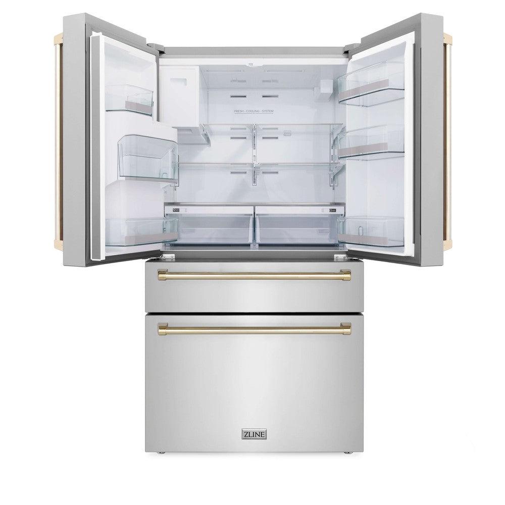 ZLINE Autograph Edition 36 in. 21.6 cu. ft Freestanding French Door Refrigerator with Water Dispenser in Stainless Steel with Polished Gold Accents (RFMZ-W-36-G)