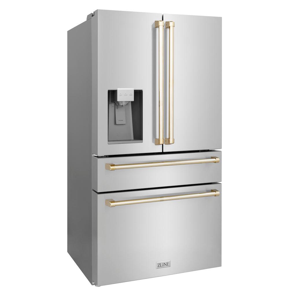 ZLINE Autograph Edition 36 in. 21.6 cu. ft. Counter-Depth French Door Refrigerator with Water and Ice Dispenser in Fingerprint-Resistant Stainless Steel with Polished Gold Traditional Handles (RFMZ-W-36-G)