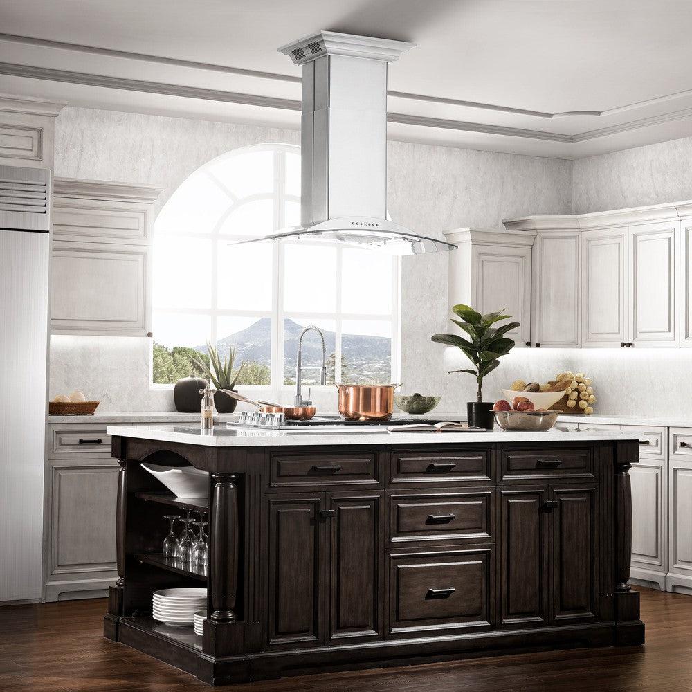 ZLINE Island Mount Range Hood in Stainless Steel with Built-in CrownSound Bluetooth Speakers (GL9iCRN-BT)