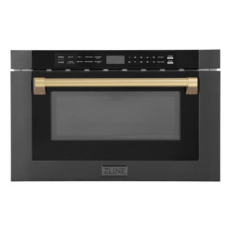ZLINE Autograph Edition 24 in. 1.2 cu. ft. Built-in Microwave Drawer in Black Stainless Steel with Champagne Bronze Accents (MWDZ-1-BS-H-CB) Front View Drawer Closed