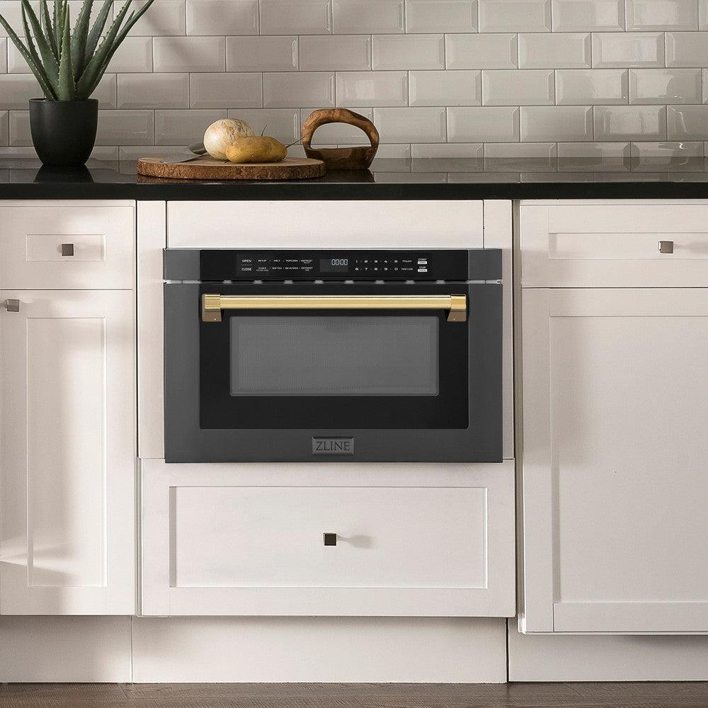 ZLINE Autograph Edition 24 in. 1.2 cu. ft. Built-in Microwave Drawer in Black Stainless Steel with Polished Gold Accents (MWDZ-1-BS-H-G)
