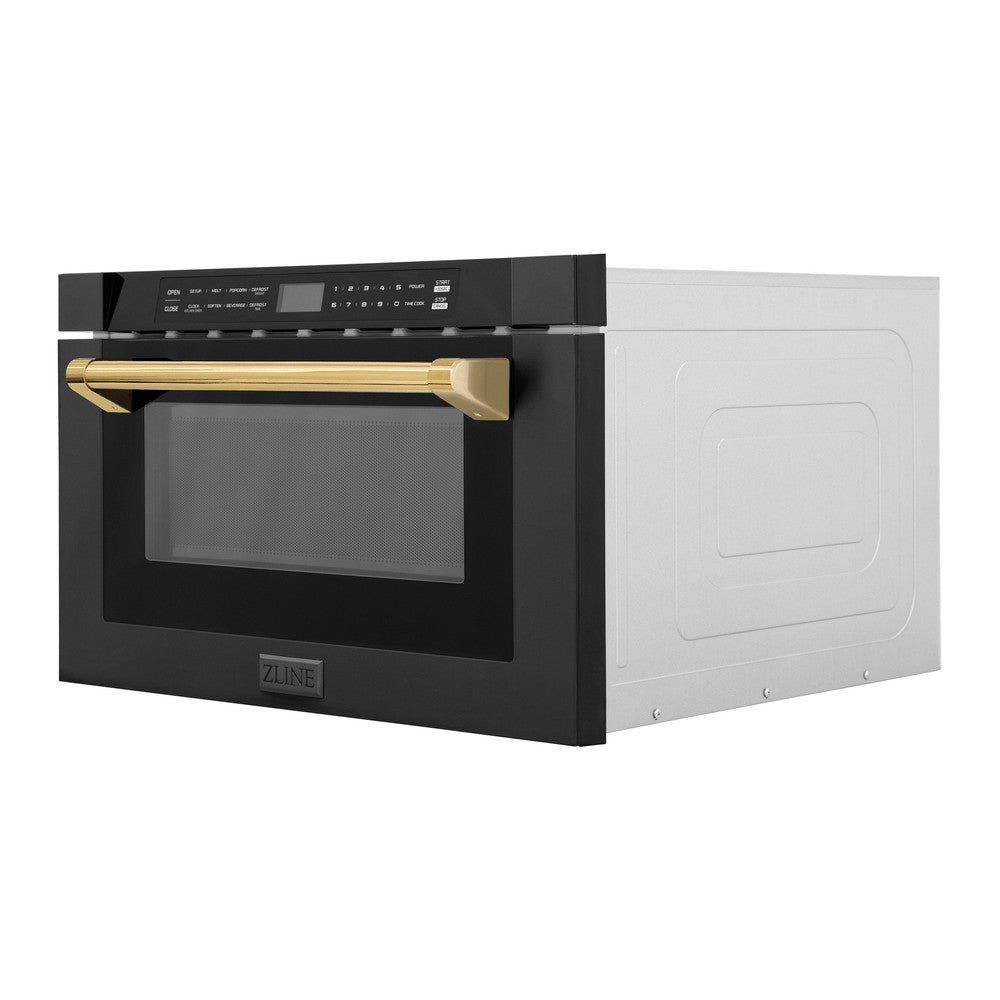 ZLINE Autograph Edition 24 in. 1.2 cu. ft. Built-in Microwave Drawer in Black Stainless Steel with Polished Gold Accents (MWDZ-1-BS-H-G)