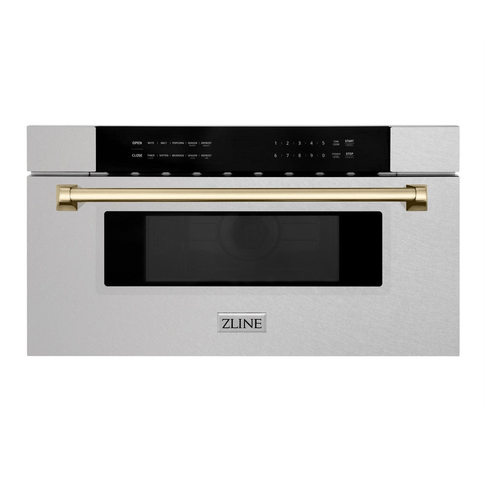 ZLINE Autograph Edition 30 in. 1.2 cu. ft. Built-In Microwave Drawer in Fingerprint Resistant Satin Stainless Steel with Gold Accents (MWDZ-30-SS-G)