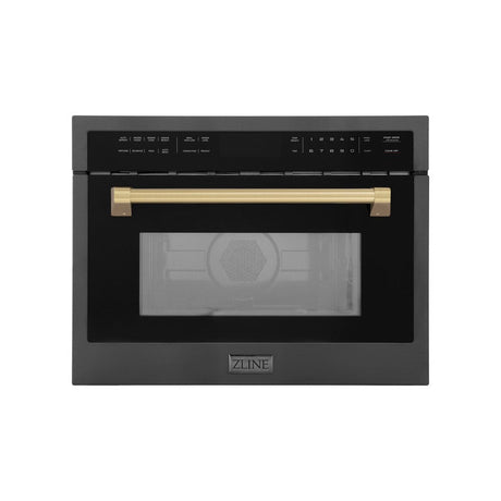 ZLINE Autograph Edition 24 in. 1.6 cu ft. Built-in Convection Microwave Oven in Black Stainless Steel with Champagne Bronze Accents (MWOZ-24-BS-CB) Front View Door Closed