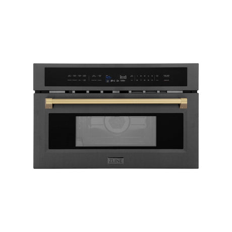 ZLINE Autograph Edition 30 in. 1.6 cu ft. Built-in Convection Microwave Oven in Black Stainless Steel with Champagne Bronze Accents (MWOZ-30-BS-CB) Front View Door Closed