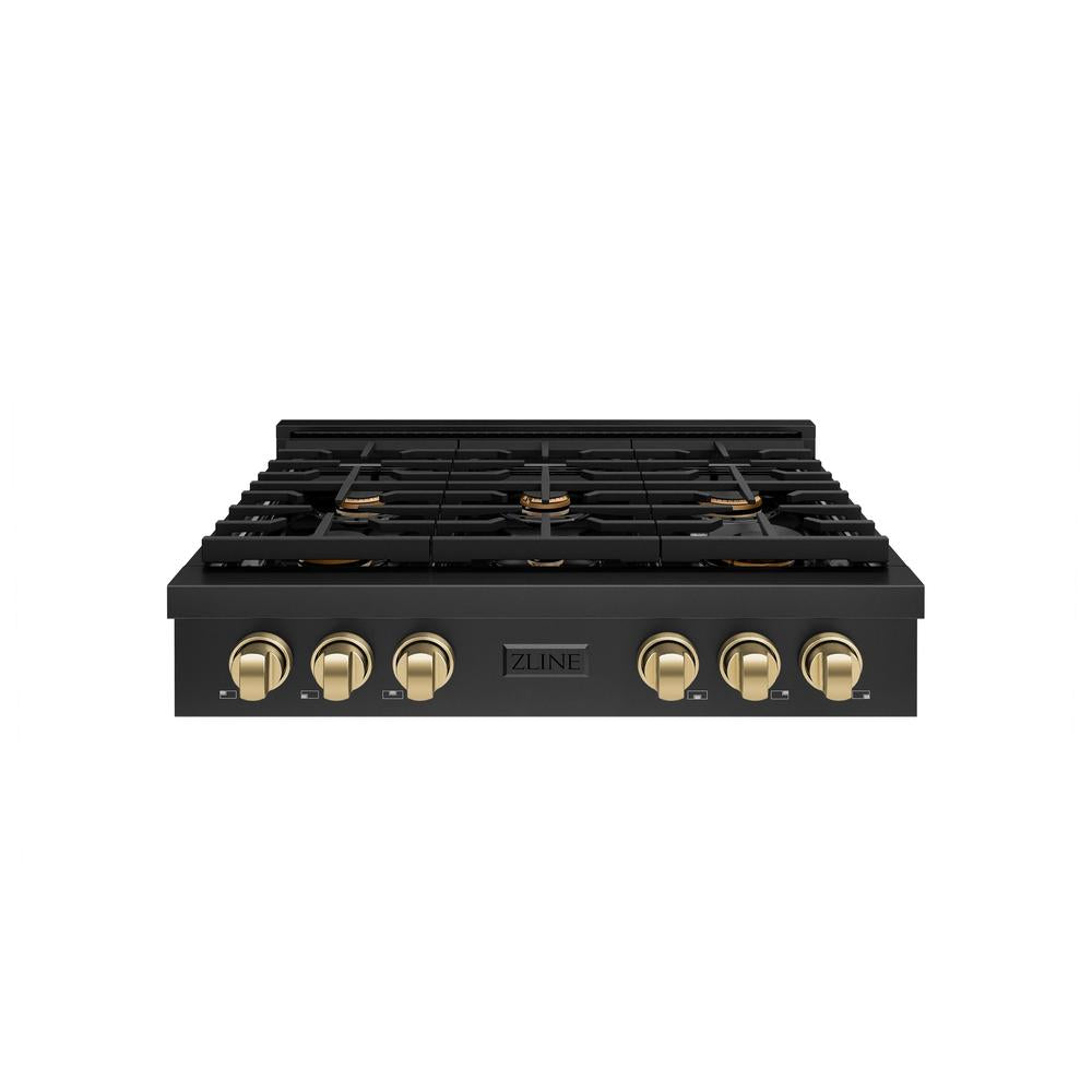 ZLINE Autograph Edition 36 in. Paramount Gas Rangetop with 6 Burners and Porcelain Cooktop in Black Stainless Steel with Champagne Bronze Accents (SRTBZ-36-CB)