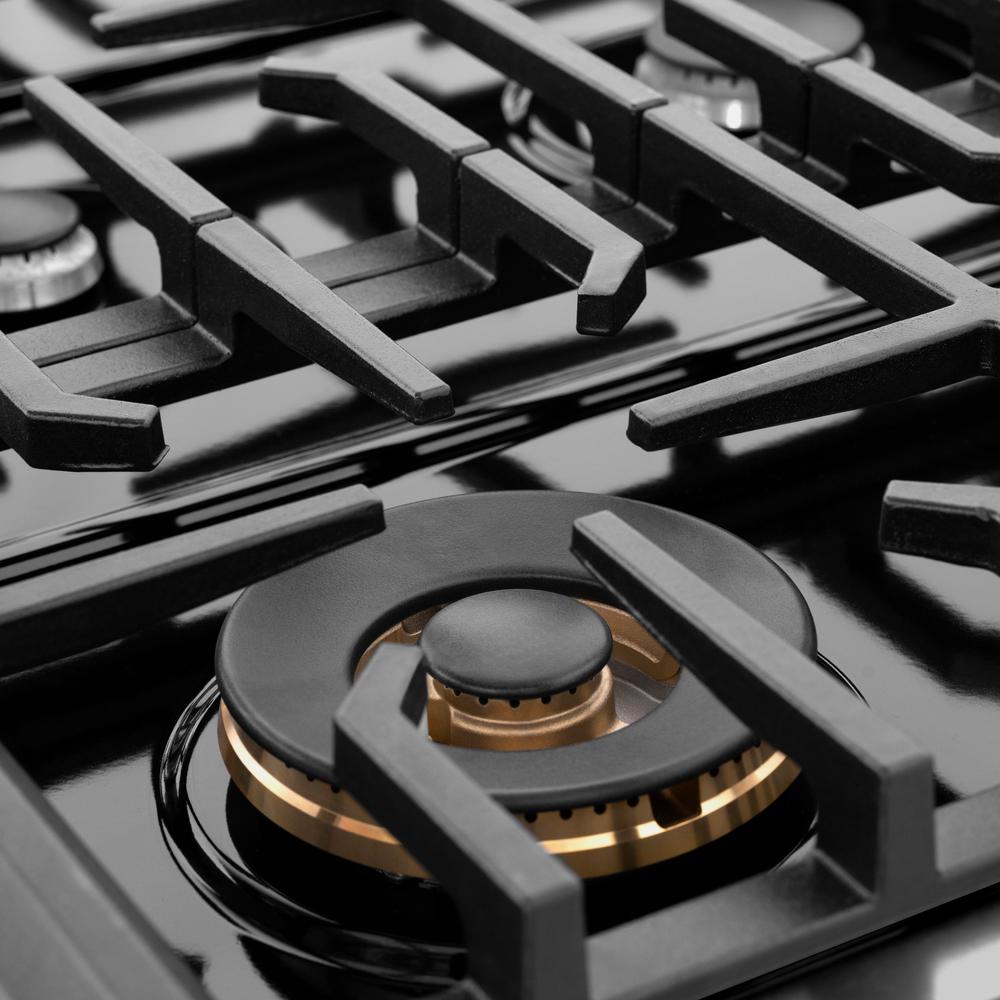 ZLINE Autograph Edition 36 in. Paramount Gas Rangetop with 6 Burners and Porcelain Cooktop in Black Stainless Steel with Polished Gold Accents (SRTBZ-36-G)