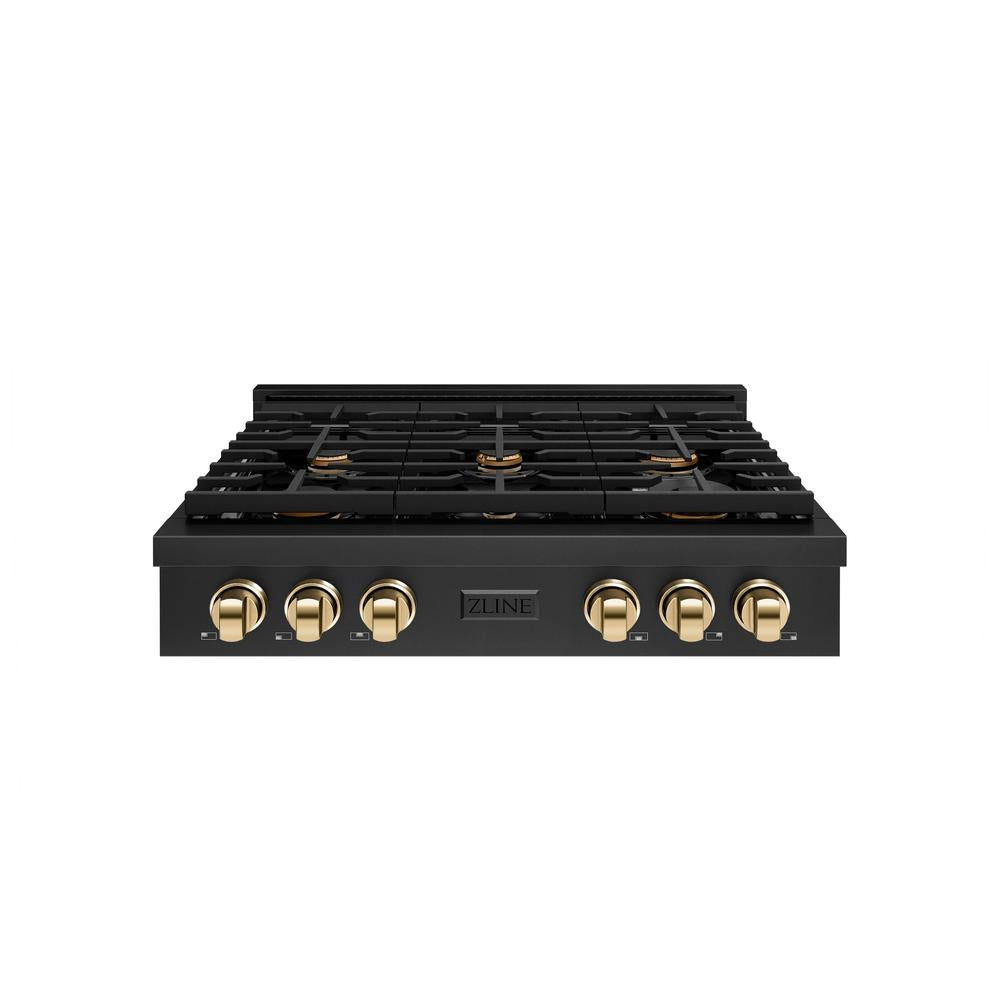 ZLINE Autograph Edition 36 in. Paramount Gas Rangetop with 6 Burners and Porcelain Cooktop in Black Stainless Steel with Polished Gold Accents (SRTBZ-36-G)