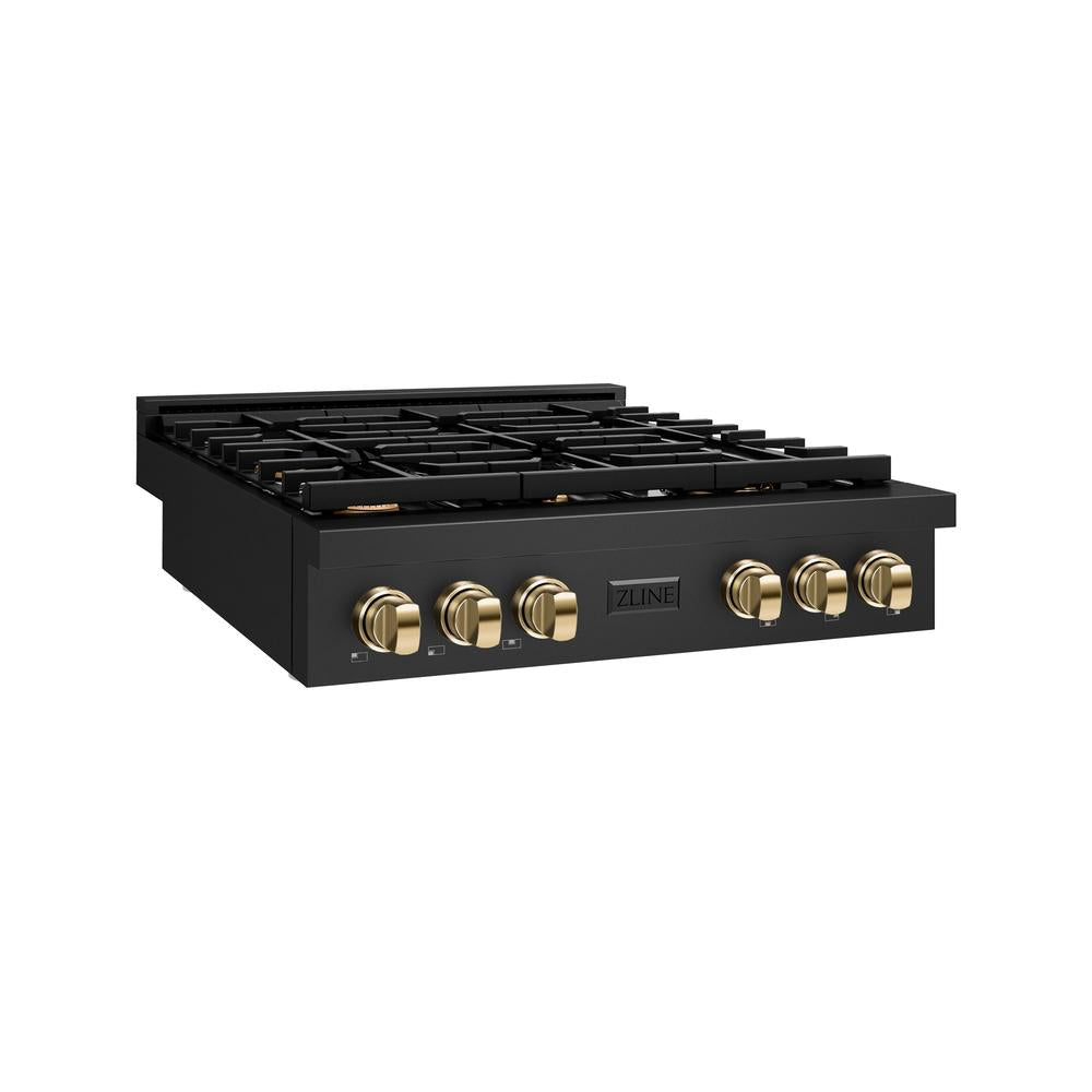 ZLINE Autograph Edition 36 in. Paramount Gas Rangetop with 6 Burners and Porcelain Cooktop in Black Stainless Steel with Polished Gold Accents (SRTBZ-36-G)