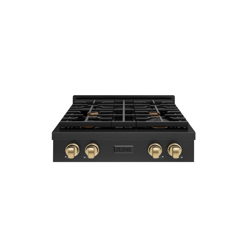 ZLINE Autograph Edition 30 in. Paramount Gas Rangetop with 4 Burners and Porcelain Cooktop in Black Stainless Steel with Champagne Bronze Accents (SRTBZ-30-CB)