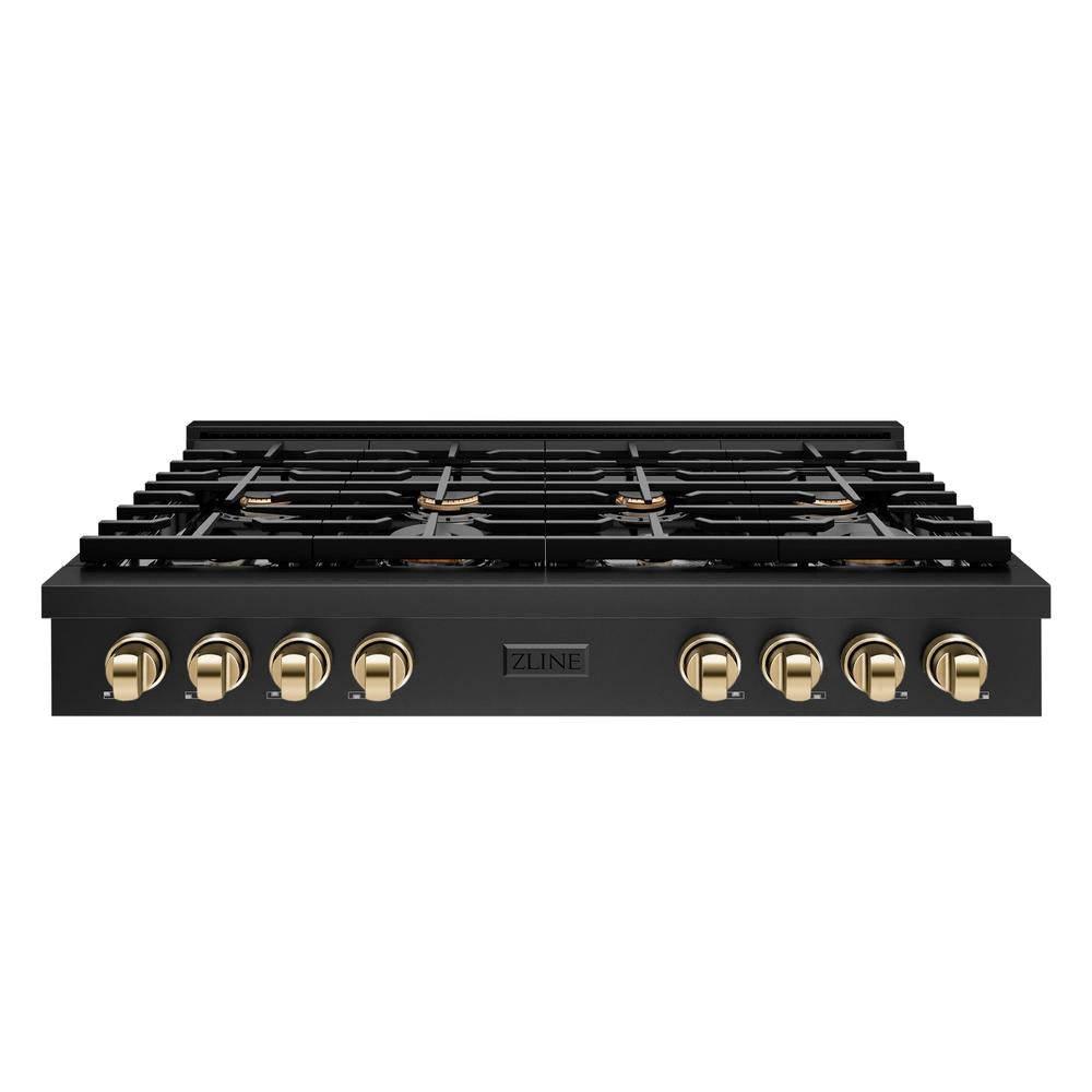 ZLINE Autograph Edition 48 in. Paramount Gas Rangetop with 8 Burners and Porcelain Cooktop in Black Stainless Steel with Polished Gold Accents (SRTBZ-48-G)