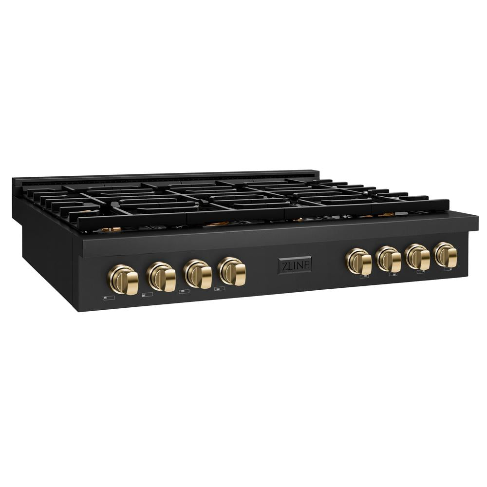 ZLINE Autograph Edition 48 in. Paramount Gas Rangetop with 8 Burners and Porcelain Cooktop in Black Stainless Steel with Polished Gold Accents (SRTBZ-48-G)