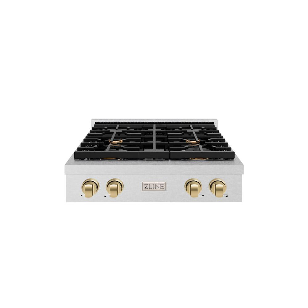 ZLINE Autograph Edition 30 in. Paramount Gas Rangetop with 4 Burners and Porcelain Cooktop in DuraSnow® Stainless Steel with Champagne Bronze Accents (SRTSZ-30-CB)