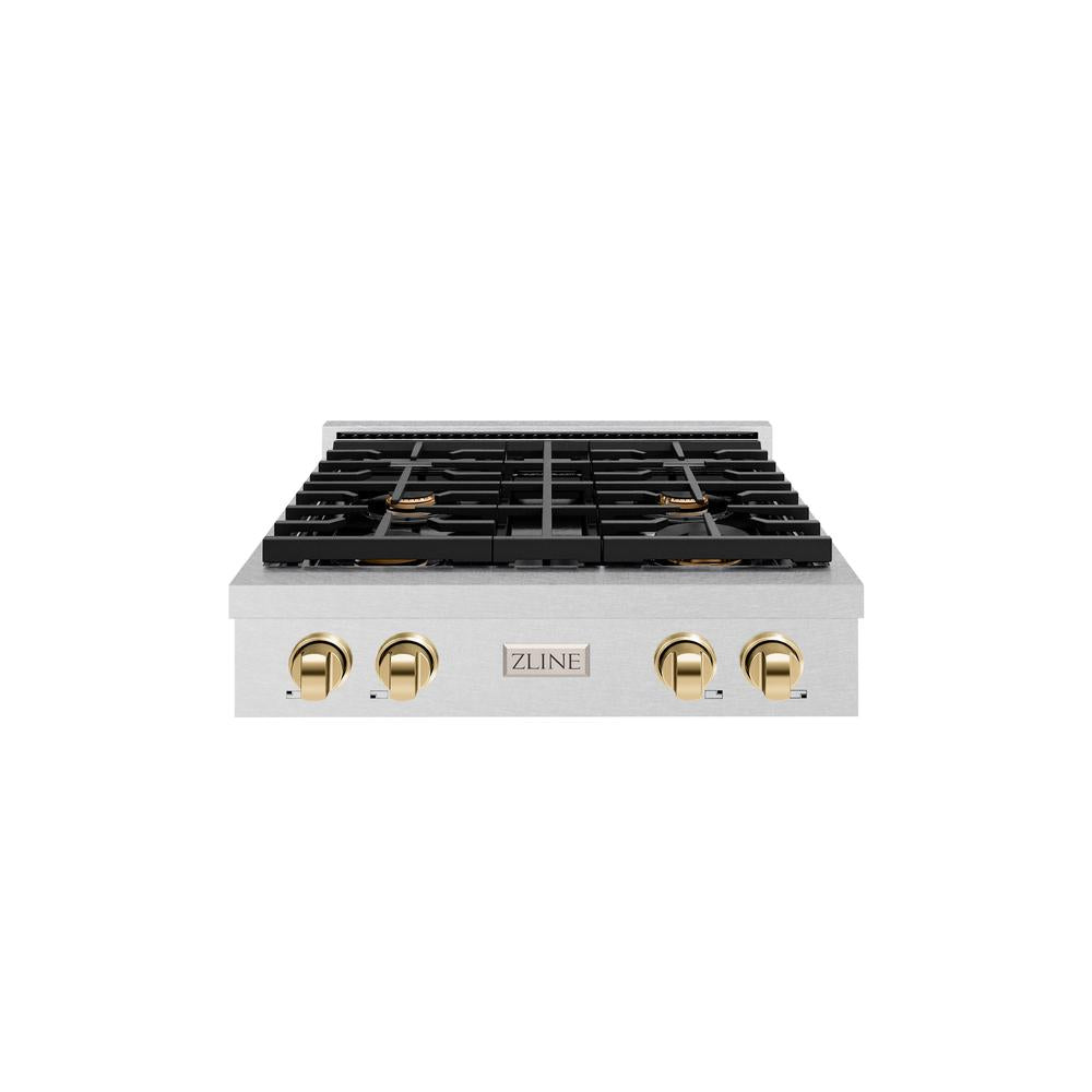 ZLINE Autograph Edition 30 in. Paramount Gas Rangetop with 4 Burners and Porcelain Cooktop in DuraSnow® Stainless Steel with Polished Gold Accents (SRTSZ-30-G)