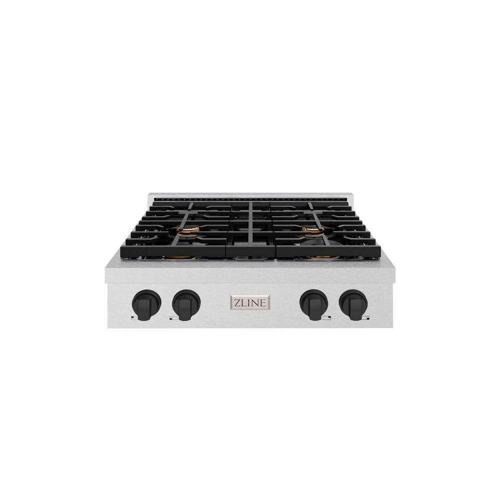 ZLINE Autograph Edition 30 in. Paramount Gas Rangetop with 4 Burners and Porcelain Cooktop in DuraSnow® Stainless Steel with Matte Black Accents (SRTSZ-30-MB)