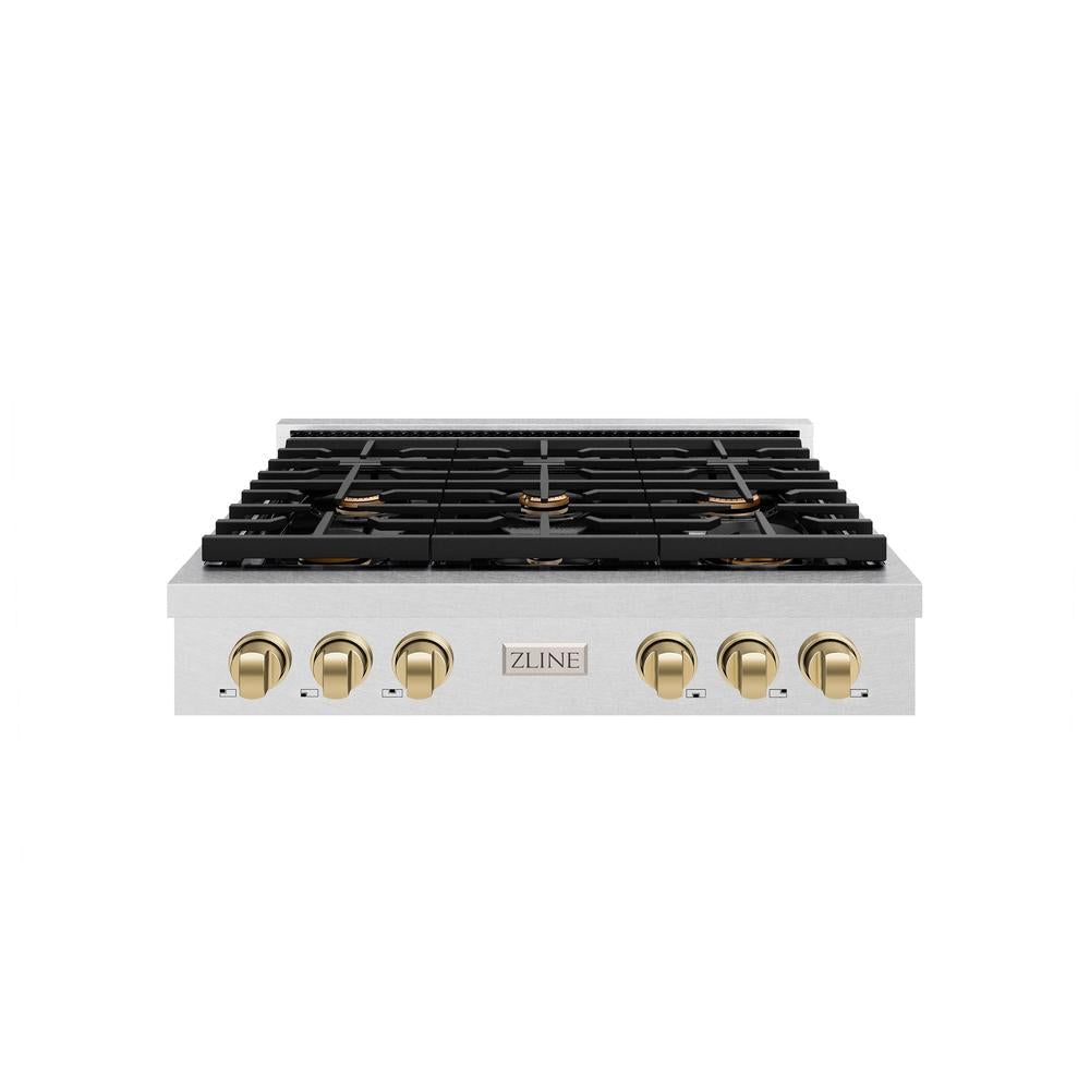 ZLINE Autograph Edition 36 in. Paramount Gas Rangetop with 6 Burners and Porcelain Cooktop in DuraSnow® Stainless Steel with Champagne Bronze Accents (SRTSZ-36-CB)