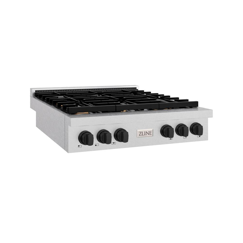 ZLINE Autograph Edition 36 in. Paramount Gas Rangetop with 6 Burners and Porcelain Cooktop in DuraSnow® Stainless Steel with Matte Black Accents (SRTSZ-36-MB)