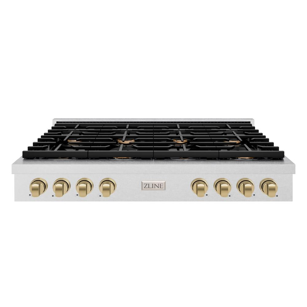 ZLINE Autograph Edition 48 in. Paramount Gas Rangetop with 8 Burners and Porcelain Cooktop in DuraSnow® Stainless Steel with Champagne Bronze Accents (SRTSZ-48-CB)